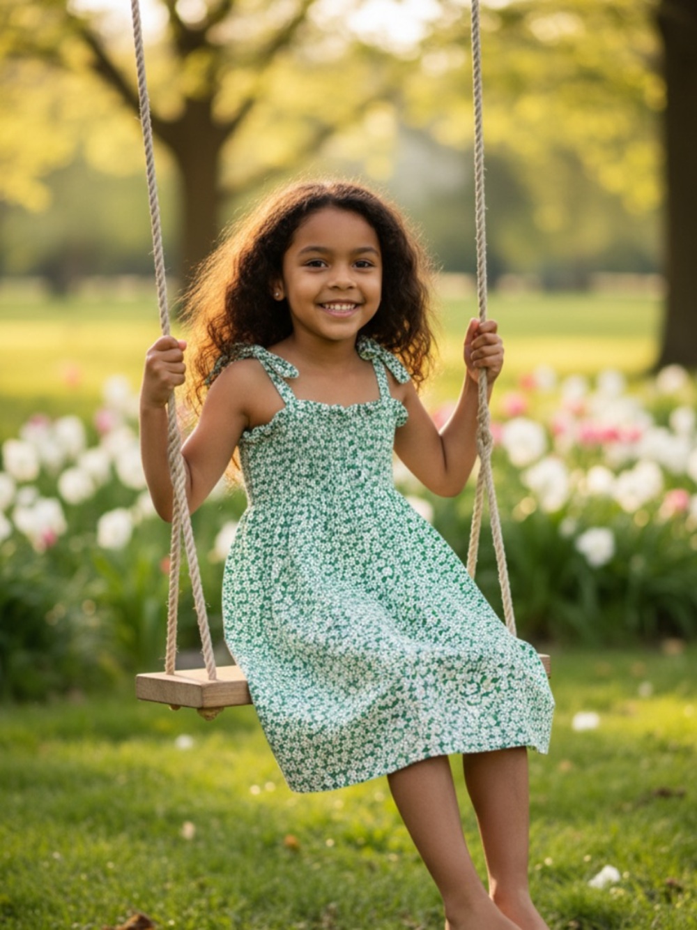 Green Floral Smocked Dress | Tie-Shoulder Straps | 6-7